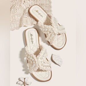 Women's Cream Beige Pearl Embellished Sandals Boho Summer Slides Size 7